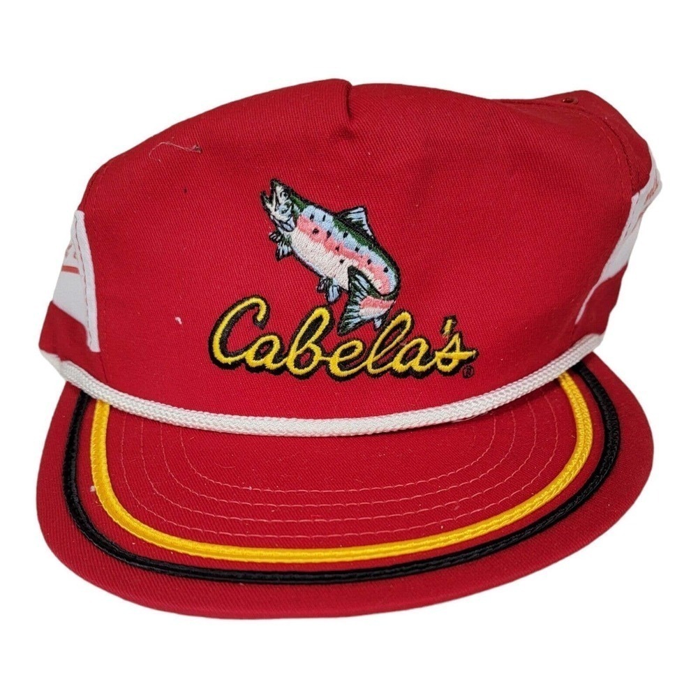 Vintage CABELA’S Cap Hat‎ Embroidered Salmon Trucker Fishing Fish Red
